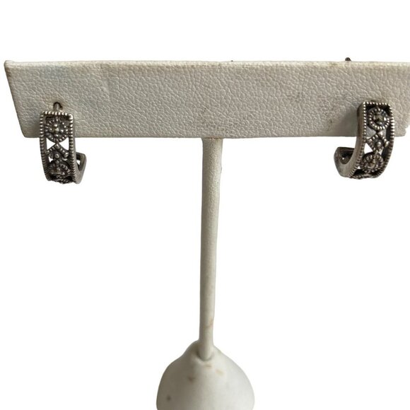 Sterling Silver Marcasite Half Hoop Earrings Posts Filigree Delicate Sparkly - Picture 7 of 9